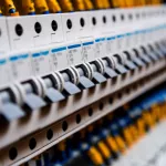 Voltage switchboard with circuit breakers. Electrical background